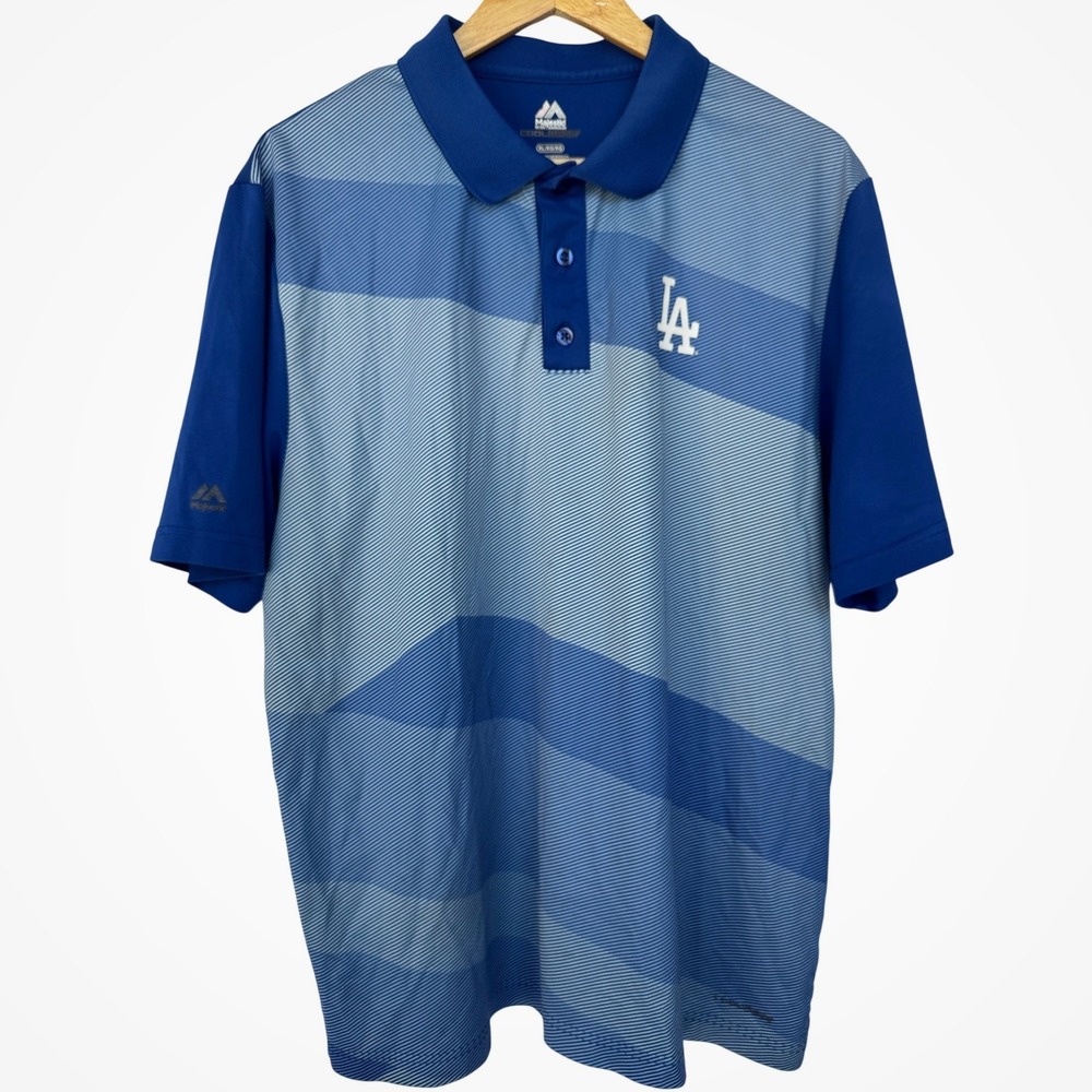 Majestic LA Dodgers Polo Blue Striped Cool Base Baseball Sportswear Mens XL